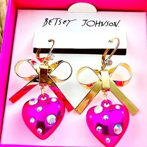 Betsey Pink Bubble Heart Gold Bow Drop Earrings